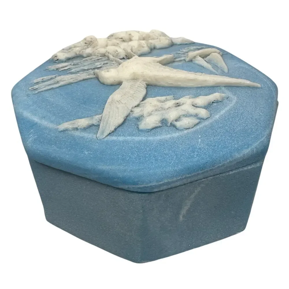 Vintage Incolay‎ Trinket Box w/ Lid Seagull Sailboat Jewelry Box Jasperware Blue